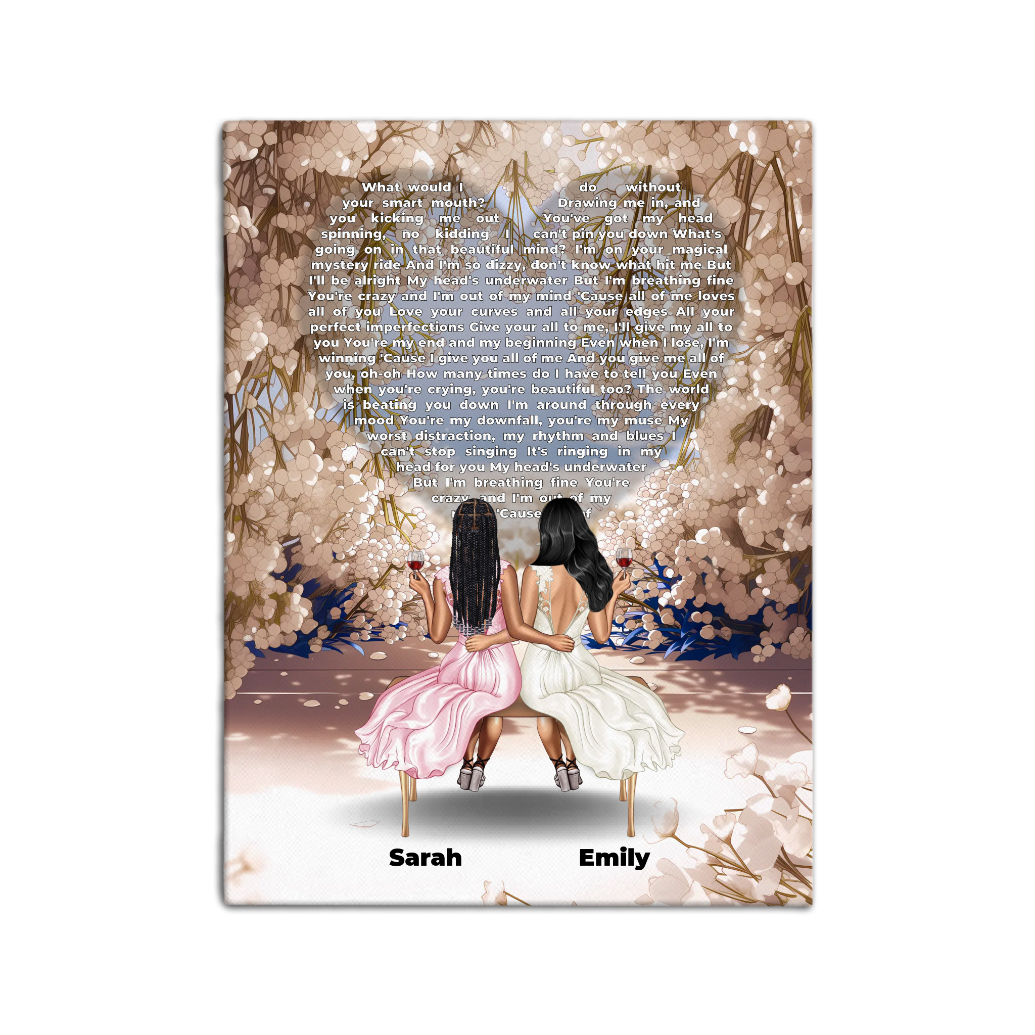 Personalized wedding lesbian couple canvas of a bride and groom sitting on a bench beneath a blooming floral garden arch, with custom lyrics shaped into a heart above them and their names at the base of the scene — LOVECOUPLET