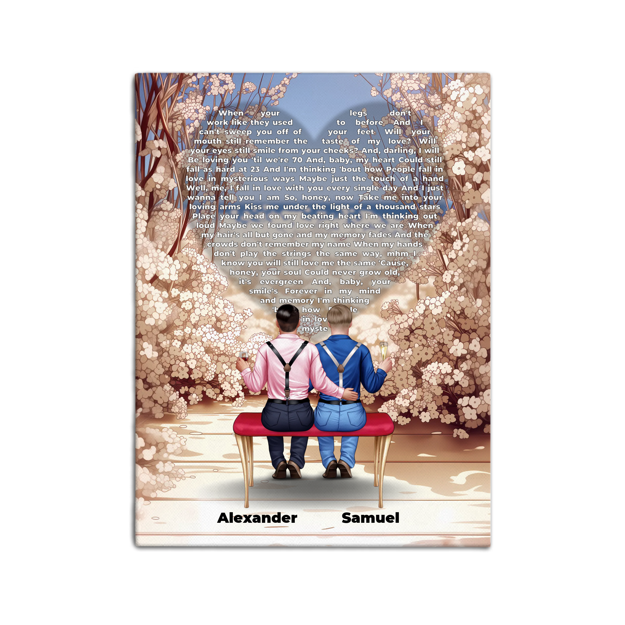 Personalized wedding gay couple canvas of a bride and groom sitting on a bench beneath a blooming floral garden arch, with custom lyrics shaped into a heart above them and their names at the base of the scene — LOVECOUPLET
