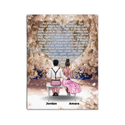 Personalized wedding couple canvas of a bride and groom sitting on a bench beneath a blooming floral garden arch, with custom lyrics shaped into a heart above them and their names at the base of the scene — LOVECOUPLET