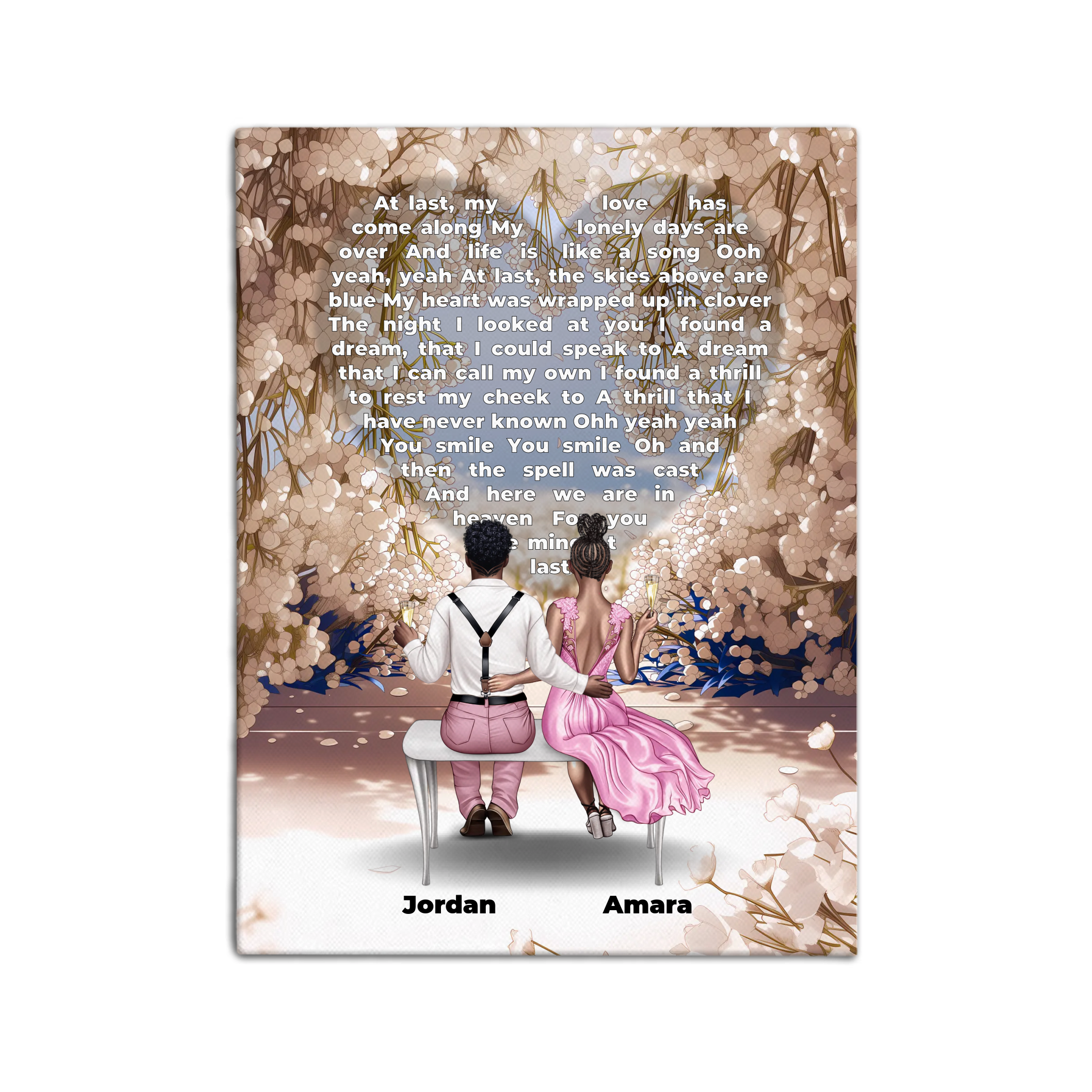 Personalized wedding couple canvas of a bride and groom sitting on a bench beneath a blooming floral garden arch, with custom lyrics shaped into a heart above them and their names at the base of the scene — LOVECOUPLET