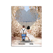 Personalized wedding couple canvas of a bride and groom sitting on a bench beneath a blooming floral garden arch, with custom lyrics shaped into a heart above them and their names at the base of the scene — LOVECOUPLET