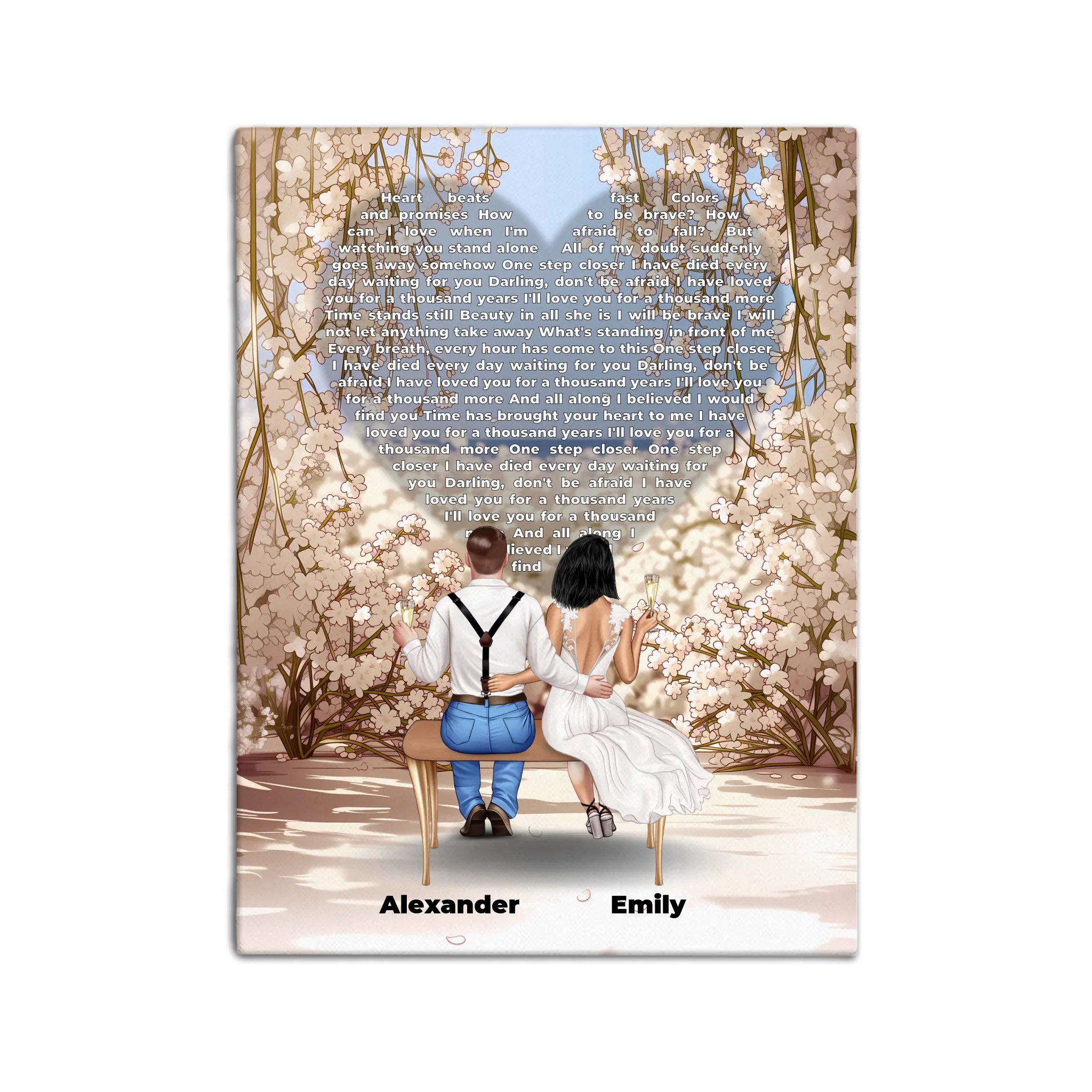 Personalized wedding couple canvas of a bride and groom sitting on a bench beneath a blooming floral garden arch, with custom lyrics shaped into a heart above them and their names at the base of the scene — LOVECOUPLET
