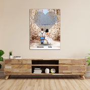 Personalized wedding couple canvas of a bride and groom sitting on a bench beneath a blooming floral garden arch, with custom lyrics shaped into a heart above them and their names at the base of the scene — LOVECOUPLET