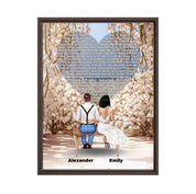 Personalized wedding couple framed canvas of a bride and groom sitting on a bench beneath a blooming floral garden arch, with custom lyrics shaped into a heart above them and their names at the base of the scene — LOVECOUPLET