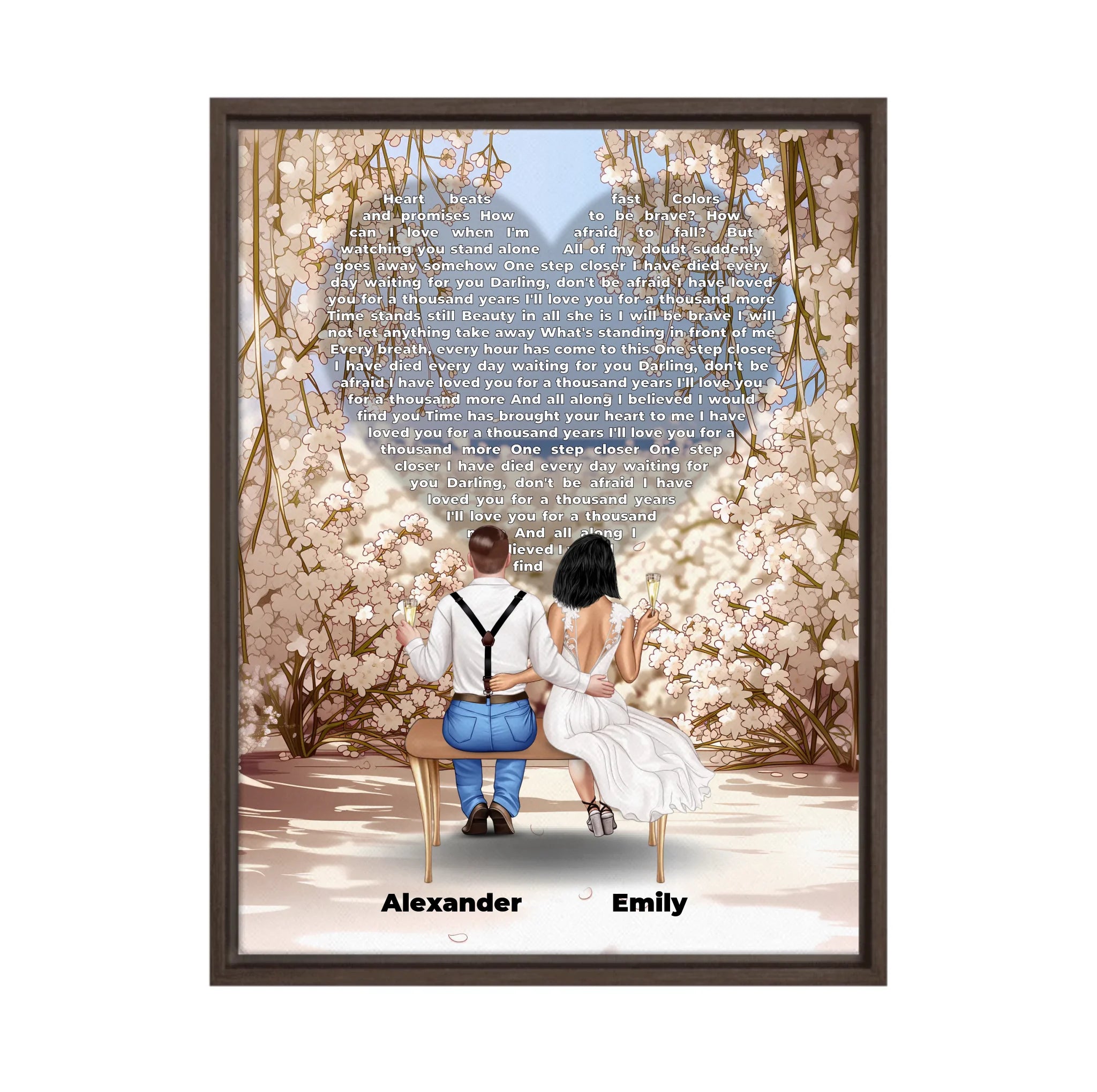 Personalized wedding couple framed canvas of a bride and groom sitting on a bench beneath a blooming floral garden arch, with custom lyrics shaped into a heart above them and their names at the base of the scene — LOVECOUPLET