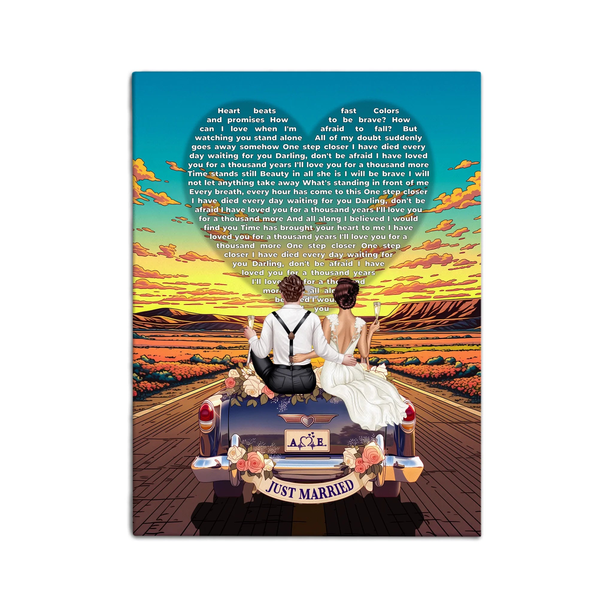 Personalized wedding canvas of a bride and groom on a flower-adorned vintage car with custom lyrics shaped into a heart above them, initials monogrammed on the license plate, and an open road stretching into a golden sunset — LOVECOUPLET