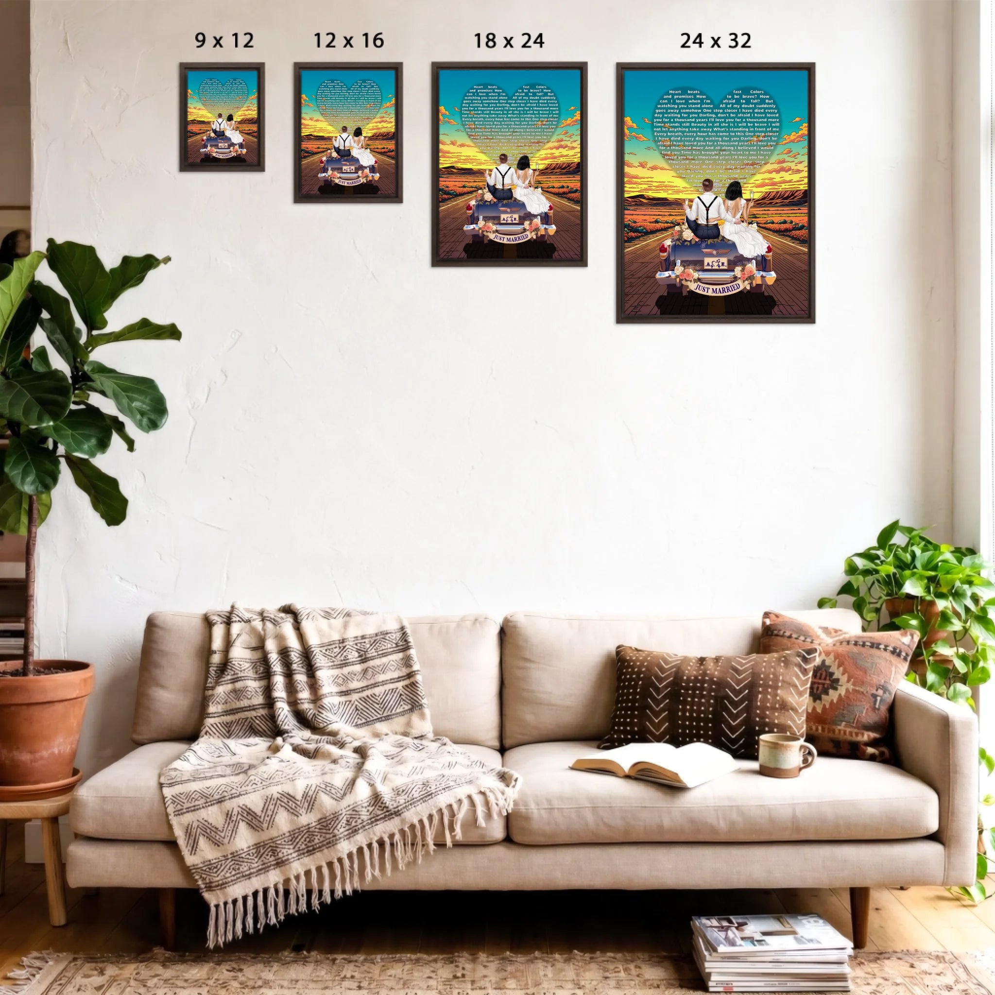Personalized wedding framed canvas of a bride and groom on a flower-adorned vintage car with custom lyrics shaped into a heart above them, initials monogrammed on the license plate, and an open road stretching into a golden sunset — LOVECOUPLET
