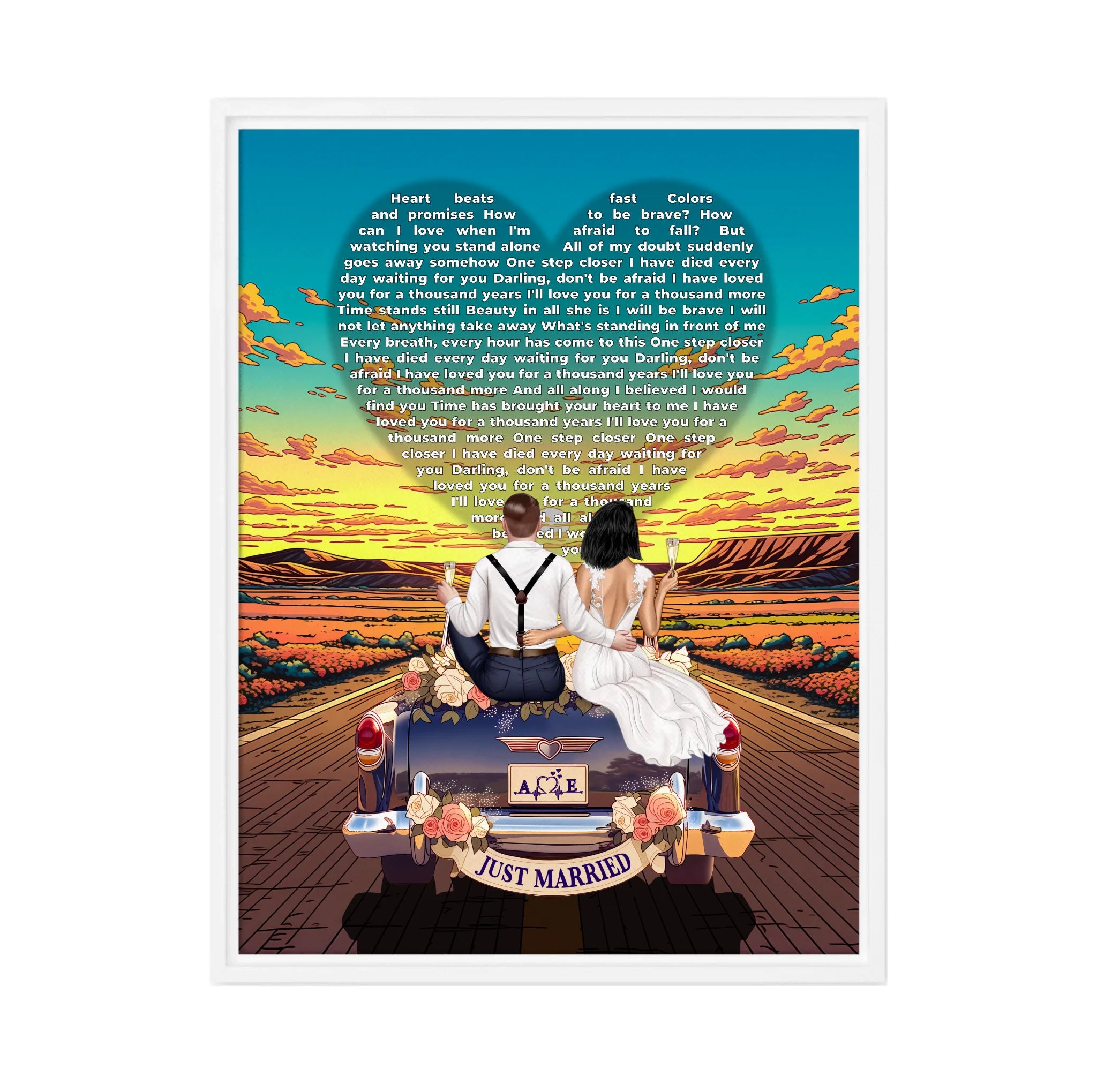 Personalized wedding framed canvas of a bride and groom on a flower-adorned vintage car with custom lyrics shaped into a heart above them, initials monogrammed on the license plate, and an open road stretching into a golden sunset — LOVECOUPLET