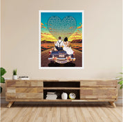 Personalized wedding framed canvas of a bride and groom on a flower-adorned vintage car with custom lyrics shaped into a heart above them, initials monogrammed on the license plate, and an open road stretching into a golden sunset — LOVECOUPLET