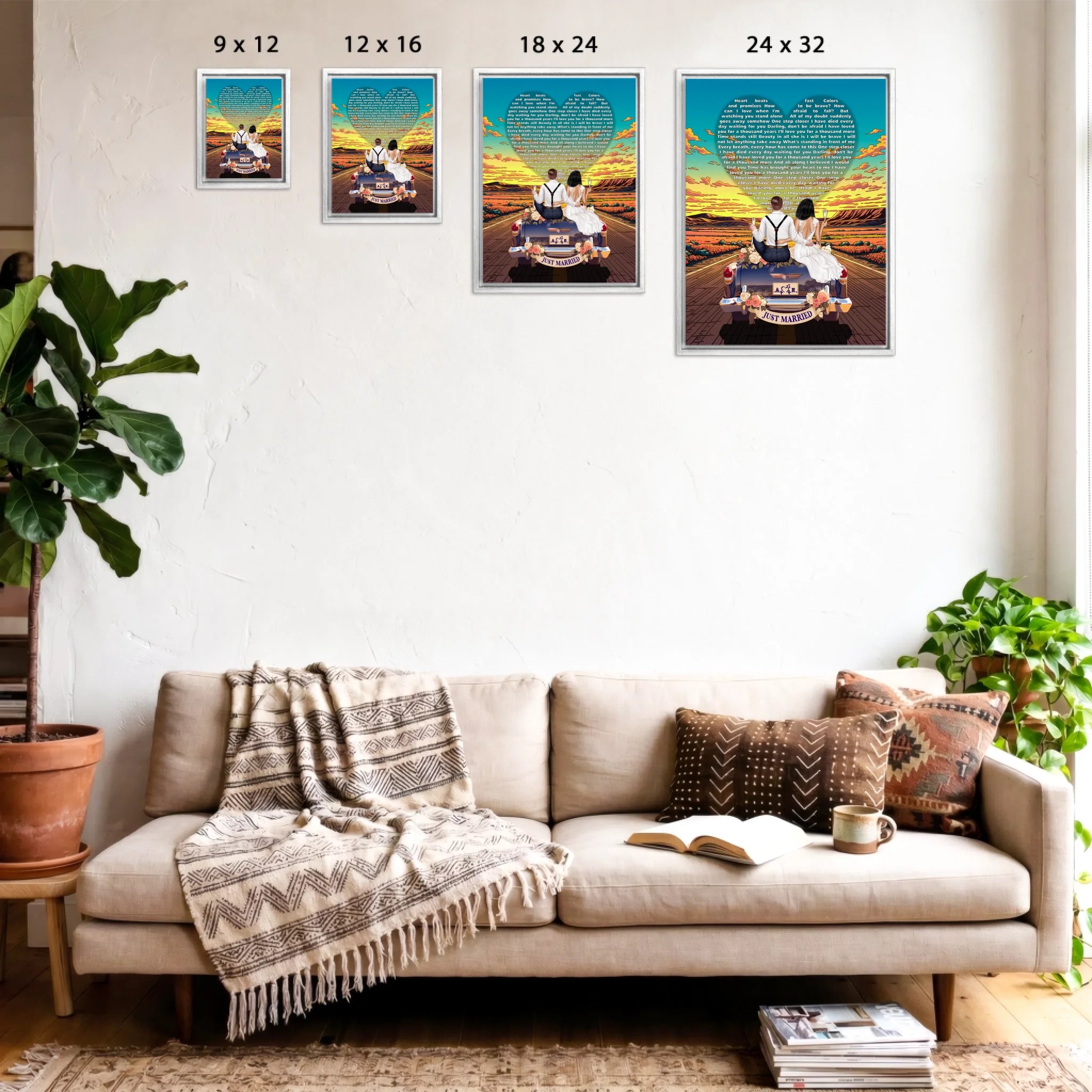 Personalized wedding framed canvas of a bride and groom on a flower-adorned vintage car with custom lyrics shaped into a heart above them, initials monogrammed on the license plate, and an open road stretching into a golden sunset — LOVECOUPLET