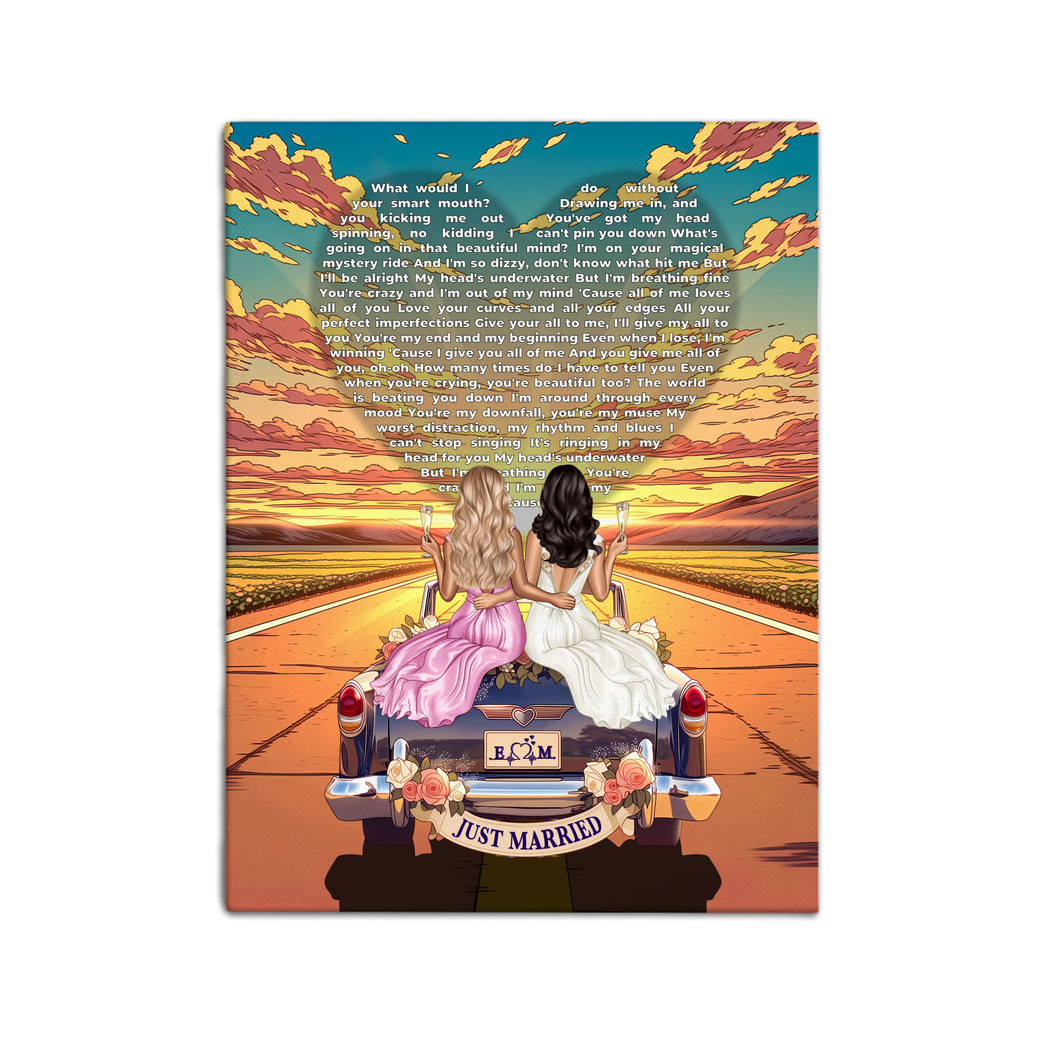 Personalized wedding canvas of a lesbian couple on a flower-adorned vintage car with custom lyrics shaped into a heart above them, initials monogrammed on the license plate, and an open road stretching into a golden sunset — LOVECOUPLET