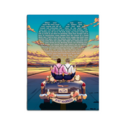 Personalized wedding canvas of a gay couple on a flower-adorned vintage car with custom lyrics shaped into a heart above them, initials monogrammed on the license plate, and an open road stretching into a golden sunset — LOVECOUPLET