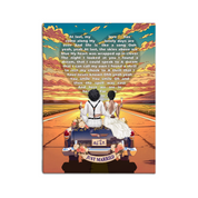 Personalized wedding canvas of a bride and groom on a flower-adorned vintage car with custom lyrics shaped into a heart above them, initials monogrammed on the license plate, and an open road stretching into a golden sunset — LOVECOUPLET