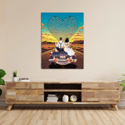 Personalized wedding canvas of a bride and groom on a flower-adorned vintage car with custom lyrics shaped into a heart above them, initials monogrammed on the license plate, and an open road stretching into a golden sunset — LOVECOUPLET