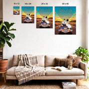 Personalized wedding canvas of a bride and groom on a flower-adorned vintage car with custom lyrics shaped into a heart above them, initials monogrammed on the license plate, and an open road stretching into a golden sunset — LOVECOUPLET