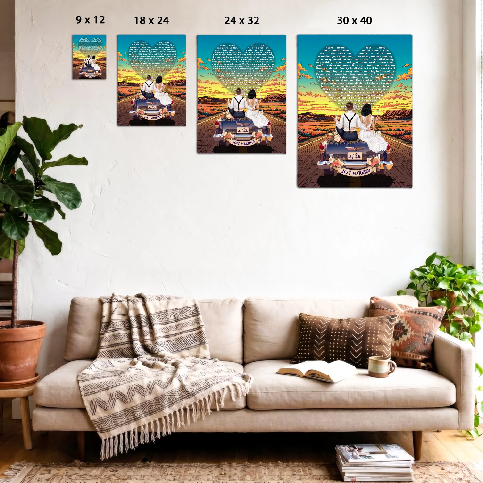 Personalized wedding canvas of a bride and groom on a flower-adorned vintage car with custom lyrics shaped into a heart above them, initials monogrammed on the license plate, and an open road stretching into a golden sunset — LOVECOUPLET