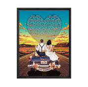 Personalized wedding framed canvas of a bride and groom on a flower-adorned vintage car with custom lyrics shaped into a heart above them, initials monogrammed on the license plate, and an open road stretching into a golden sunset — LOVECOUPLET