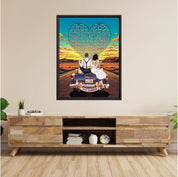 Personalized wedding framed canvas of a bride and groom on a flower-adorned vintage car with custom lyrics shaped into a heart above them, initials monogrammed on the license plate, and an open road stretching into a golden sunset — LOVECOUPLET