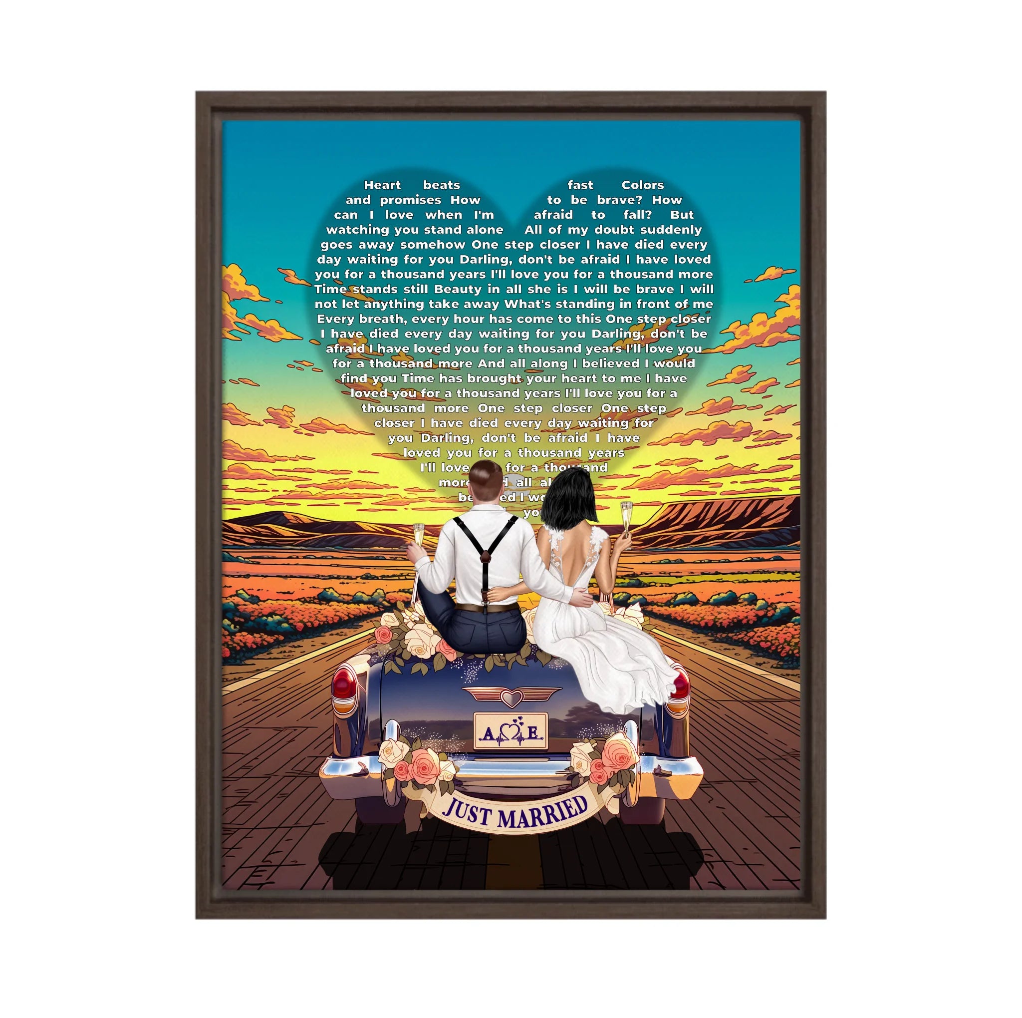 Personalized wedding framed canvas of a bride and groom on a flower-adorned vintage car with custom lyrics shaped into a heart above them, initials monogrammed on the license plate, and an open road stretching into a golden sunset — LOVECOUPLET