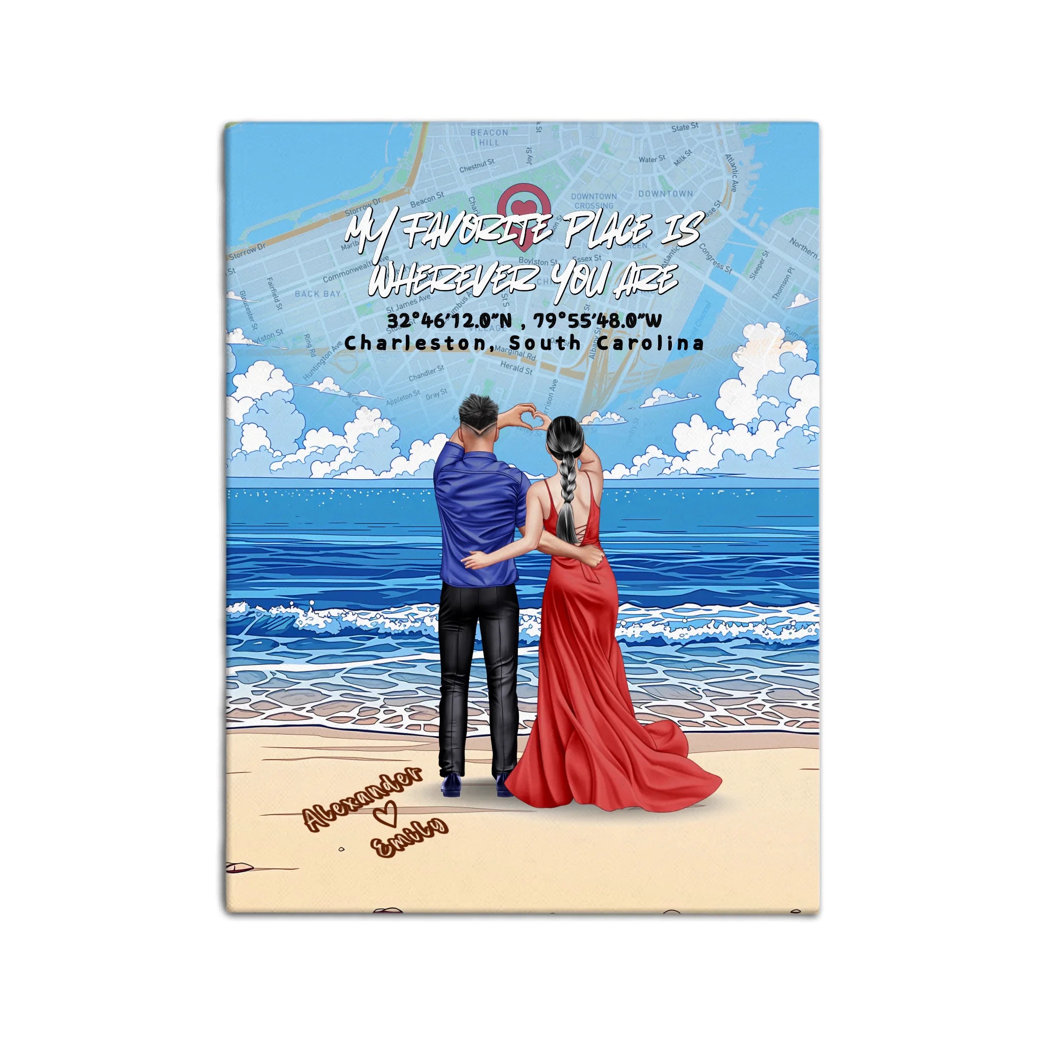 Personalized couple canvas of a couple at the shoreline, with a custom city map set into the sky behind the clouds, GPS coordinates, city name, and handwritten names at the bottom — LOVECOUPLET