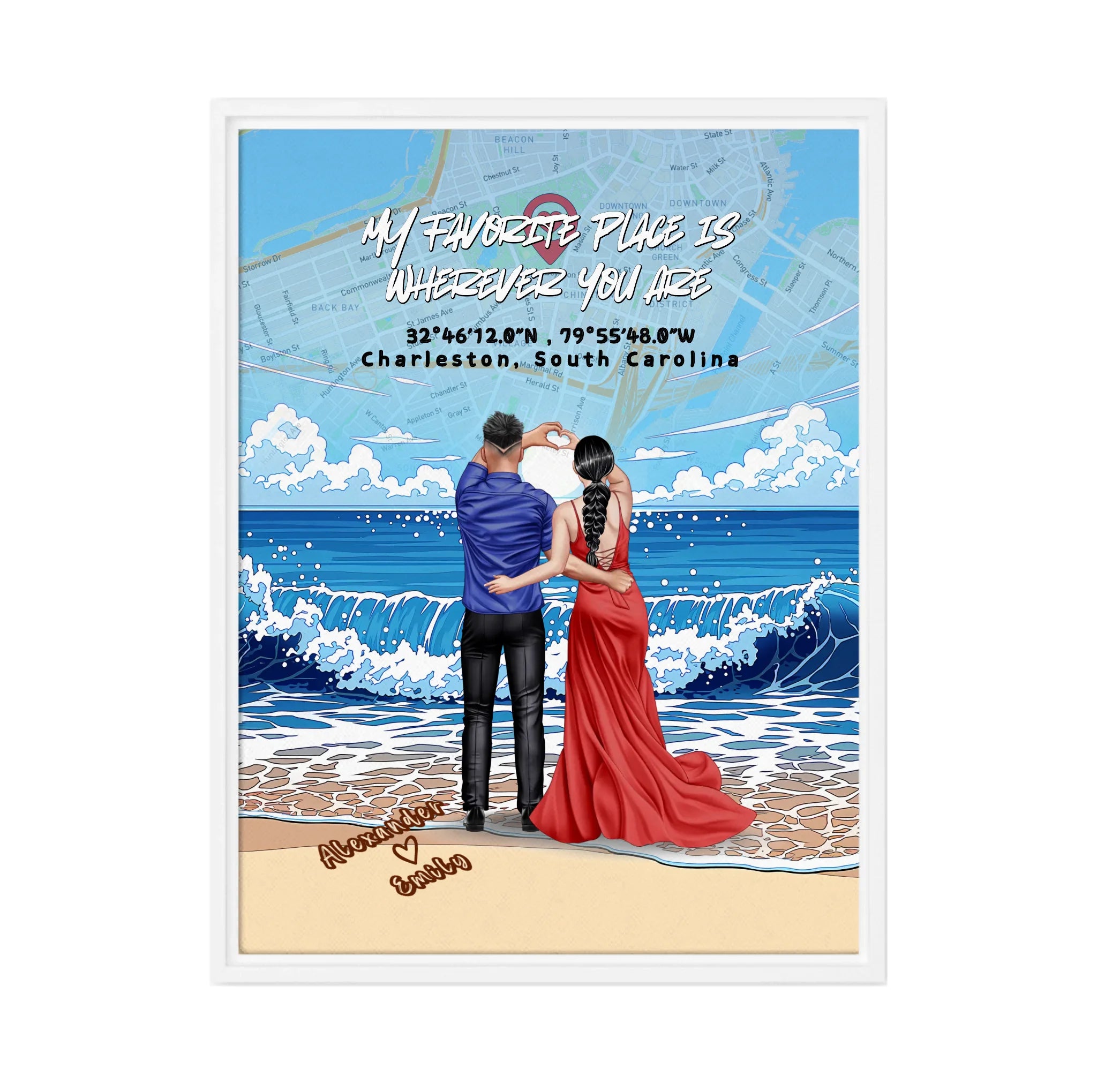 Personalized couple framed canvas of a couple at the shoreline, with a custom city map set into the sky behind the clouds, GPS coordinates, city name, and handwritten names at the bottom — LOVECOUPLET