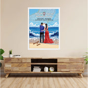 Personalized couple framed canvas of a couple at the shoreline, with a custom city map set into the sky behind the clouds, GPS coordinates, city name, and handwritten names at the bottom — LOVECOUPLET