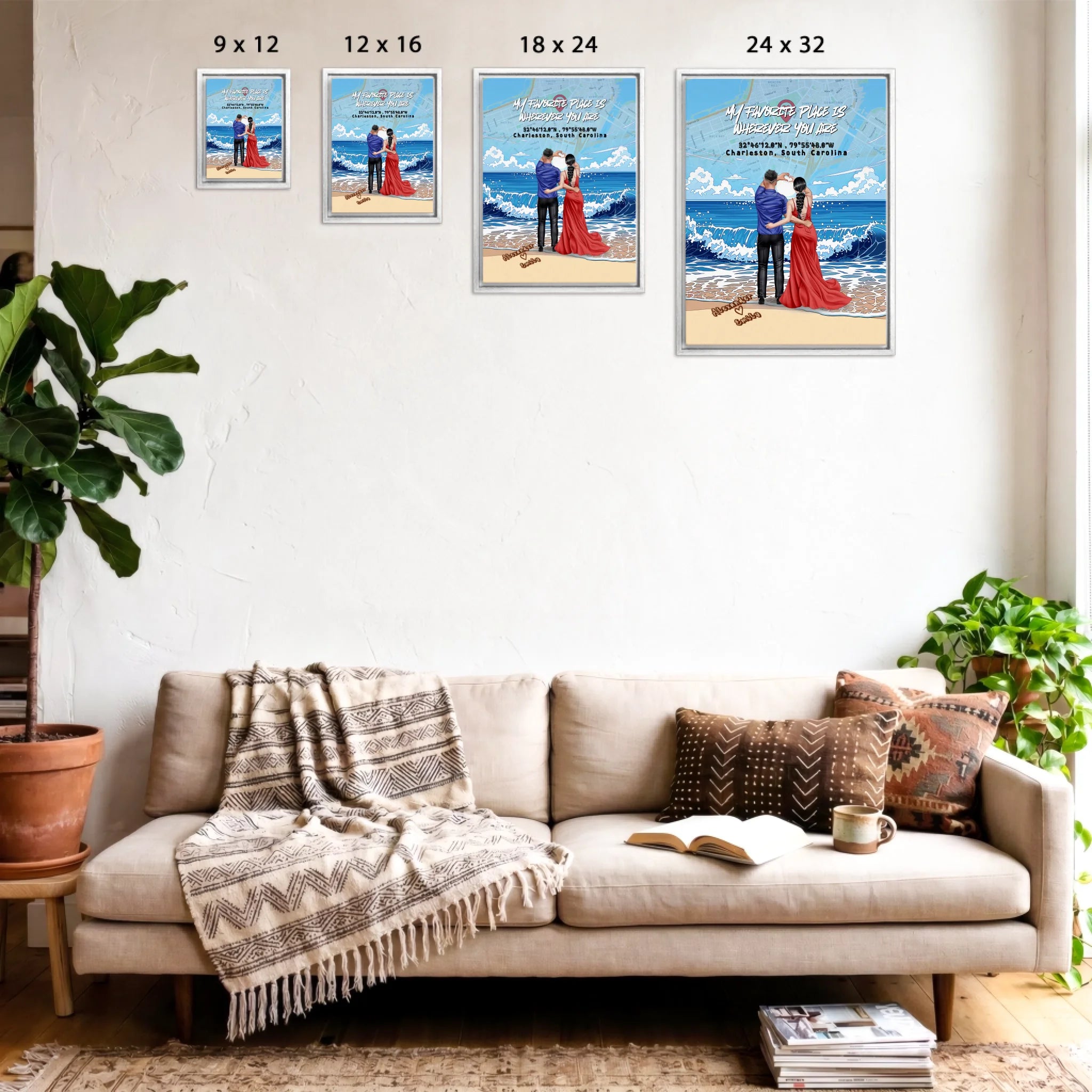 Personalized couple framed canvas of a couple at the shoreline, with a custom city map set into the sky behind the clouds, GPS coordinates, city name, and handwritten names at the bottom — LOVECOUPLET