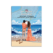 Personalized couple canvas of a couple at the shoreline, with a custom city map set into the sky behind the clouds, GPS coordinates, city name, and handwritten names at the bottom — LOVECOUPLET