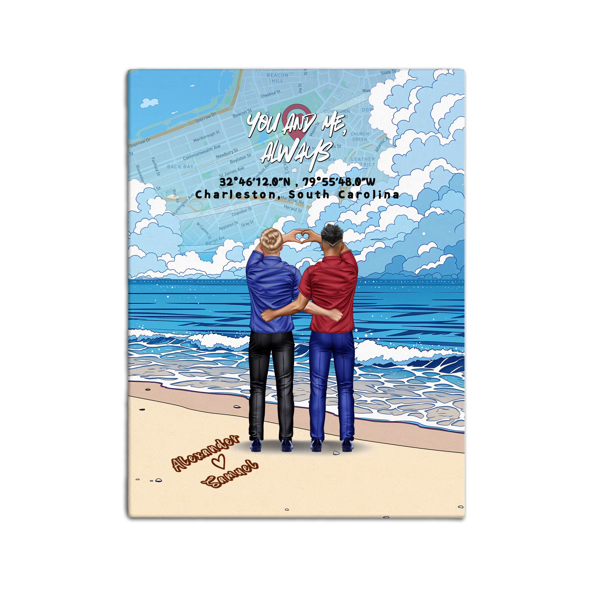 Personalized couple canvas of a gay couple at the shoreline, with a custom city map set into the sky behind the clouds, GPS coordinates, city name, and handwritten names at the bottom — LOVECOUPLET
