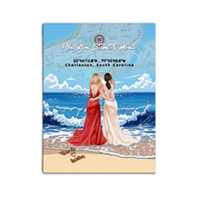 Personalized couple canvas of a lesbian couple at the shoreline, with a custom city map set into the sky behind the clouds, GPS coordinates, city name, and handwritten names at the bottom — LOVECOUPLET
