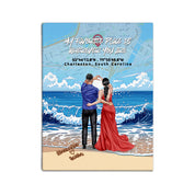Personalized couple canvas of a couple at the shoreline, with a custom city map set into the sky behind the clouds, GPS coordinates, city name, and handwritten names at the bottom — LOVECOUPLET