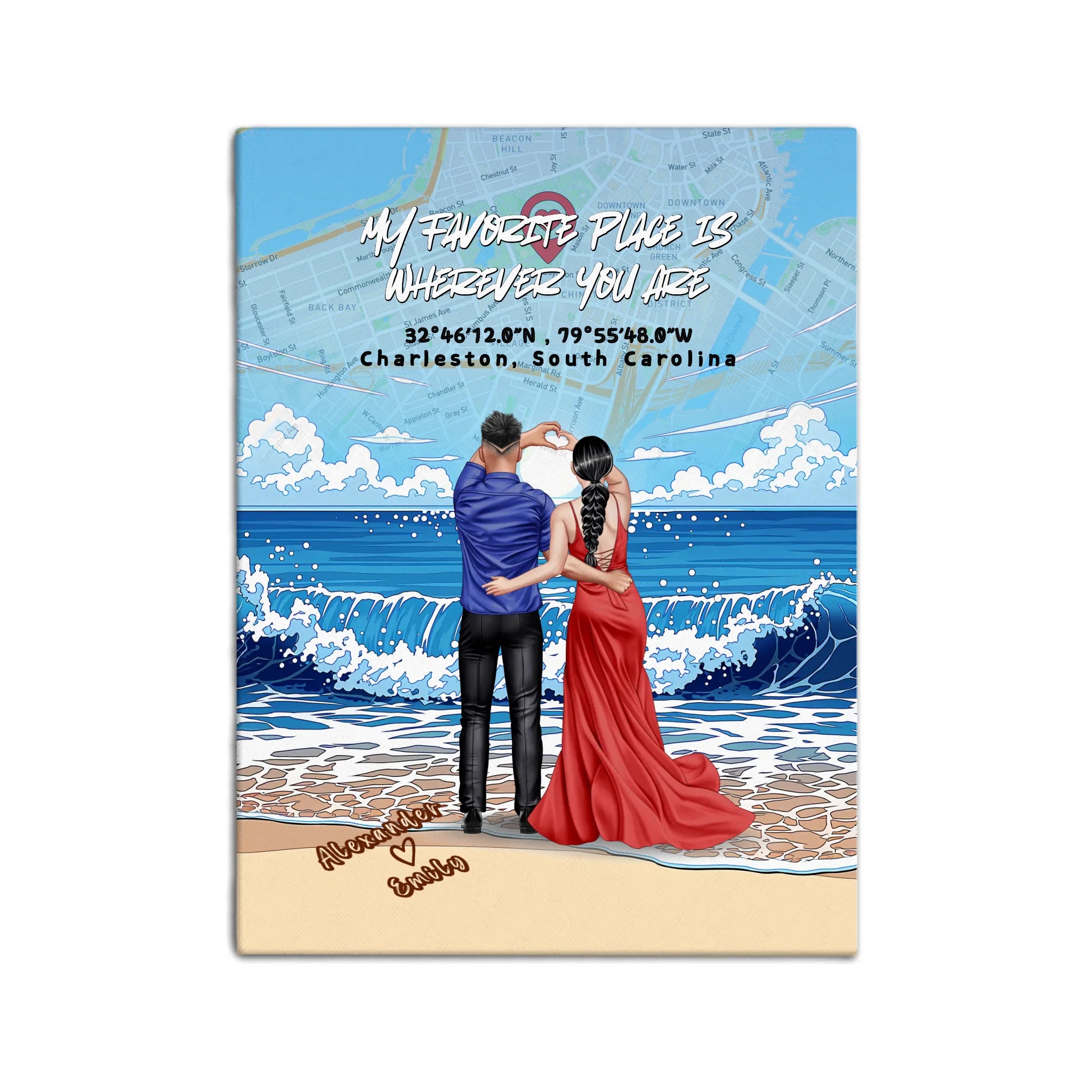 Personalized couple canvas of a couple at the shoreline, with a custom city map set into the sky behind the clouds, GPS coordinates, city name, and handwritten names at the bottom — LOVECOUPLET
