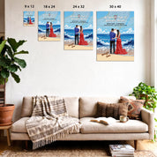 Personalized couple canvas of a couple at the shoreline, with a custom city map set into the sky behind the clouds, GPS coordinates, city name, and handwritten names at the bottom — LOVECOUPLET