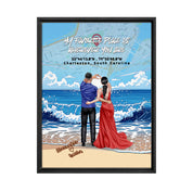 Personalized couple framed canvas of a couple at the shoreline, with a custom city map set into the sky behind the clouds, GPS coordinates, city name, and handwritten names at the bottom — LOVECOUPLET