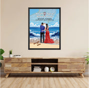 Personalized couple framed canvas of a couple at the shoreline, with a custom city map set into the sky behind the clouds, GPS coordinates, city name, and handwritten names at the bottom — LOVECOUPLET