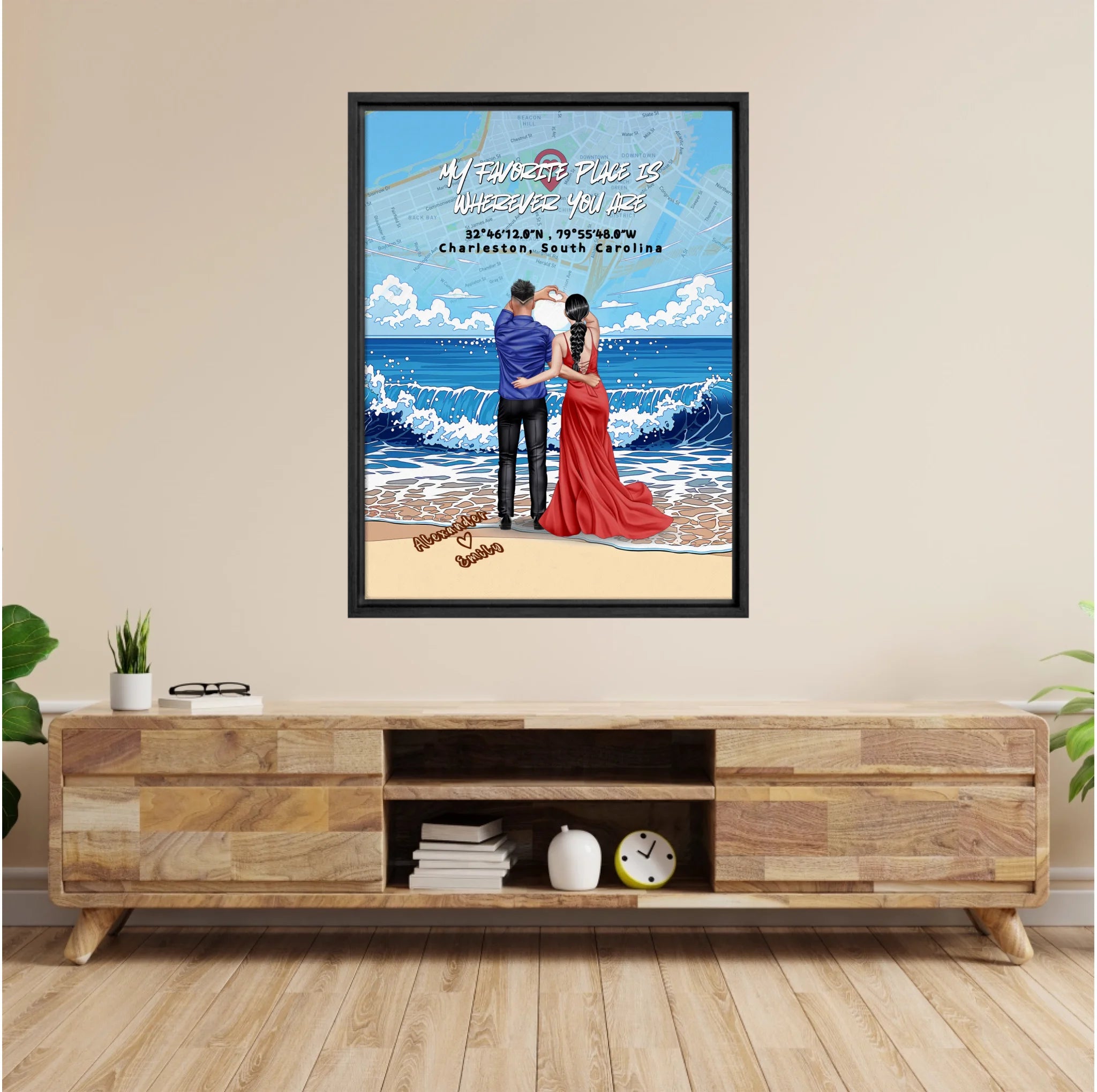 Personalized couple framed canvas of a couple at the shoreline, with a custom city map set into the sky behind the clouds, GPS coordinates, city name, and handwritten names at the bottom — LOVECOUPLET