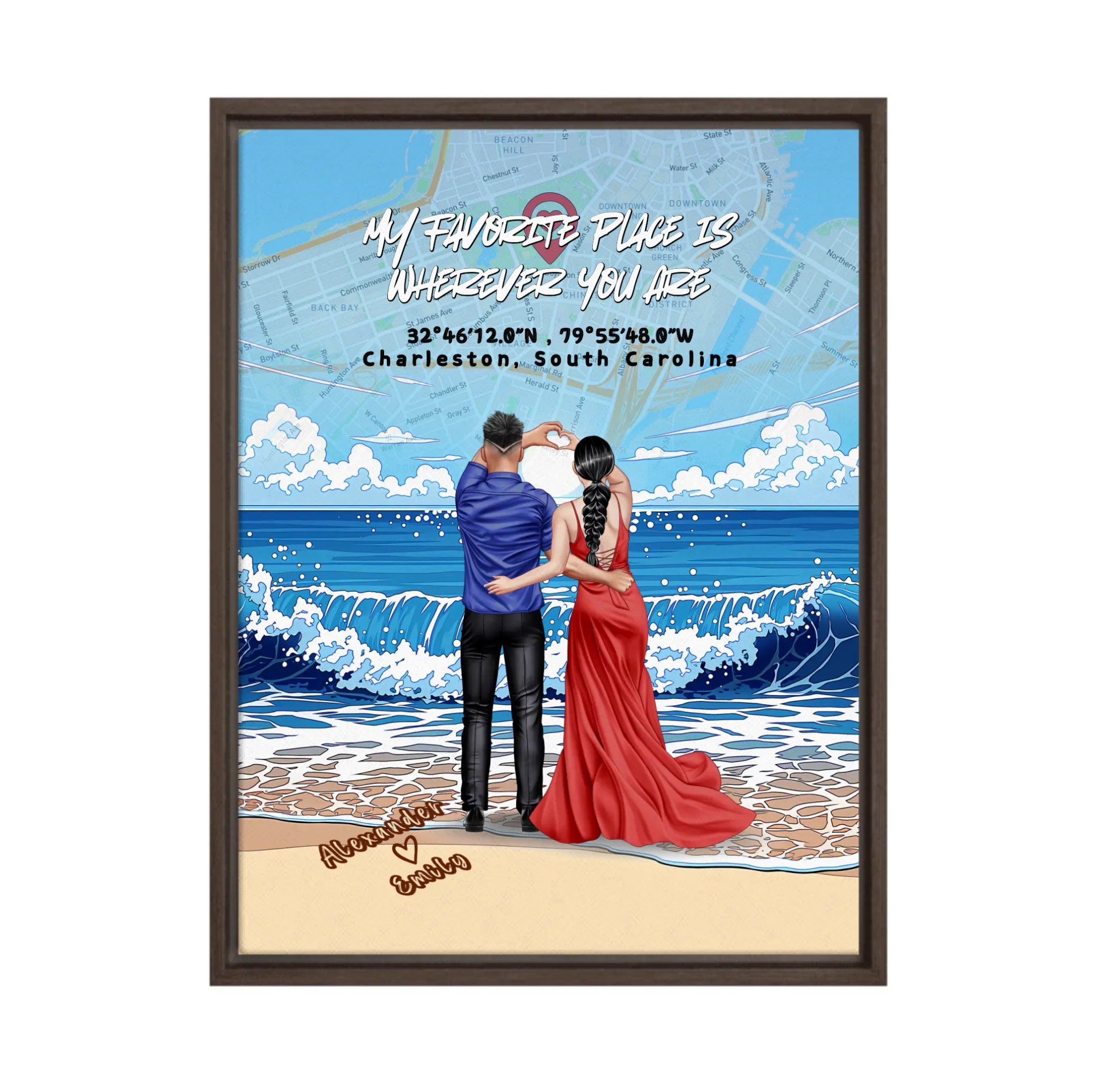 Personalized couple framed canvas of a couple at the shoreline, with a custom city map set into the sky behind the clouds, GPS coordinates, city name, and handwritten names at the bottom — LOVECOUPLET