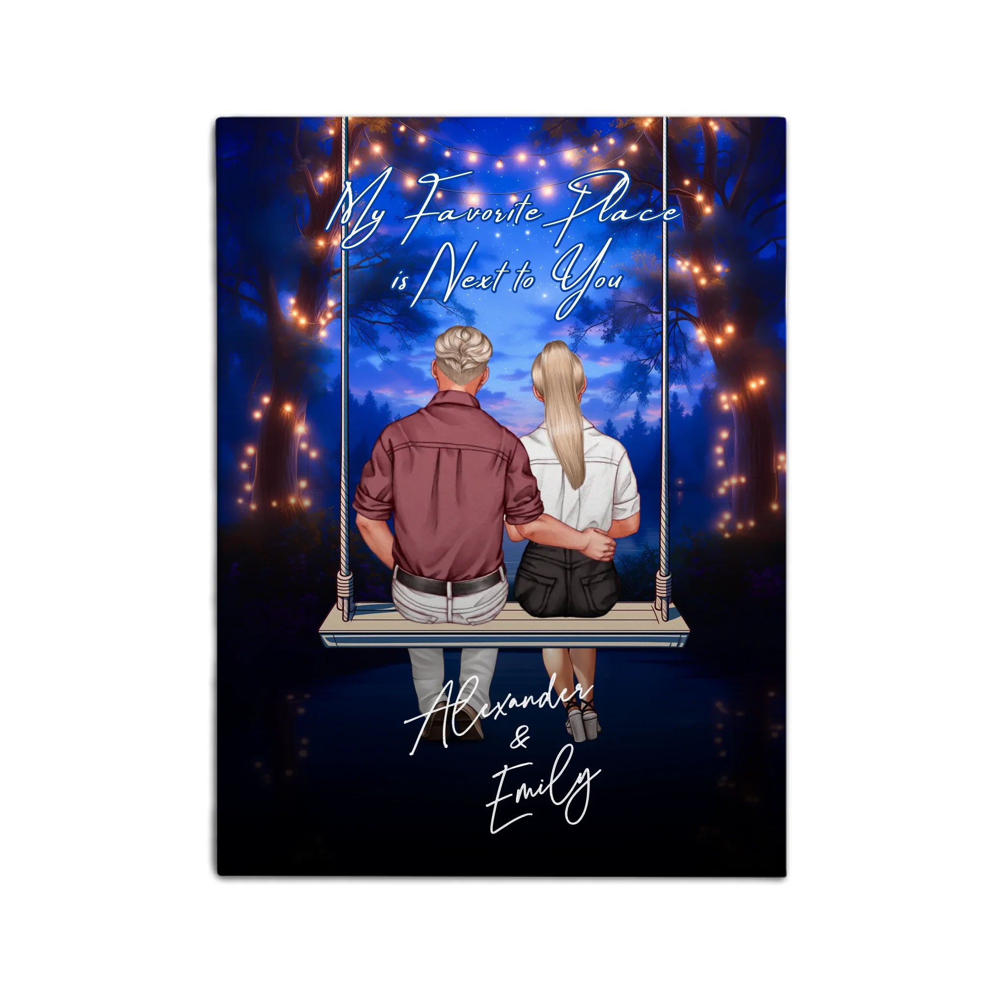 My Favorite Place personalized couple canvas of two people sitting together on a swing under string lights at night, with a custom romantic quote above them and handwritten names displayed below — LOVECOUPLET