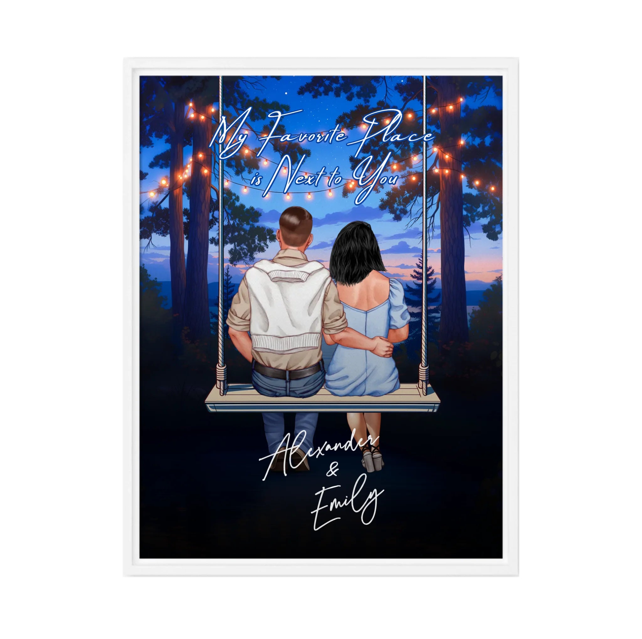 My Favorite Place personalized couple framed canvas of two people sitting together on a swing under string lights at night, with a custom romantic quote above them and handwritten names displayed below — LOVECOUPLET