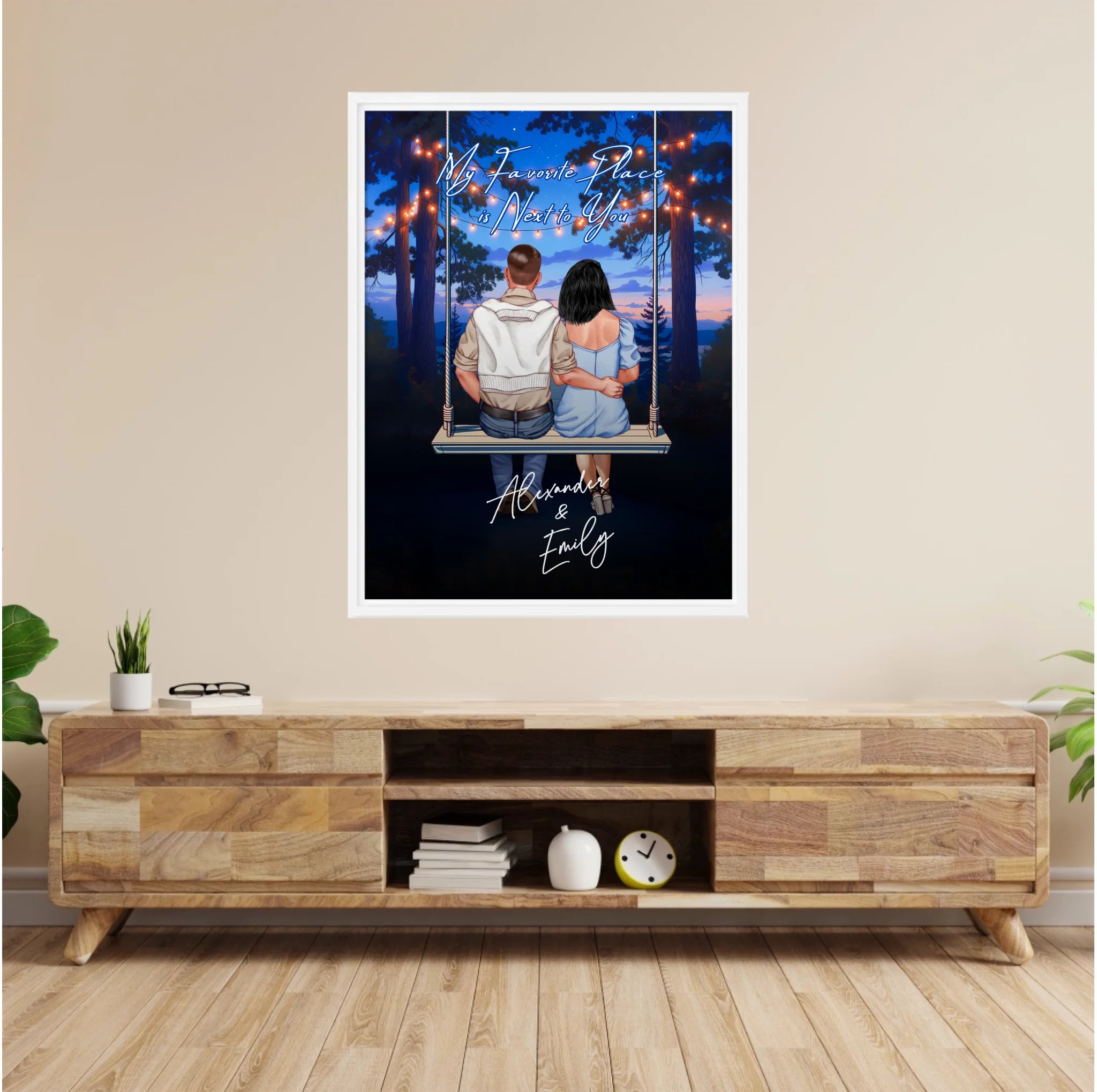 My Favorite Place personalized couple framed canvas of two people sitting together on a swing under string lights at night, with a custom romantic quote above them and handwritten names displayed below — LOVECOUPLET