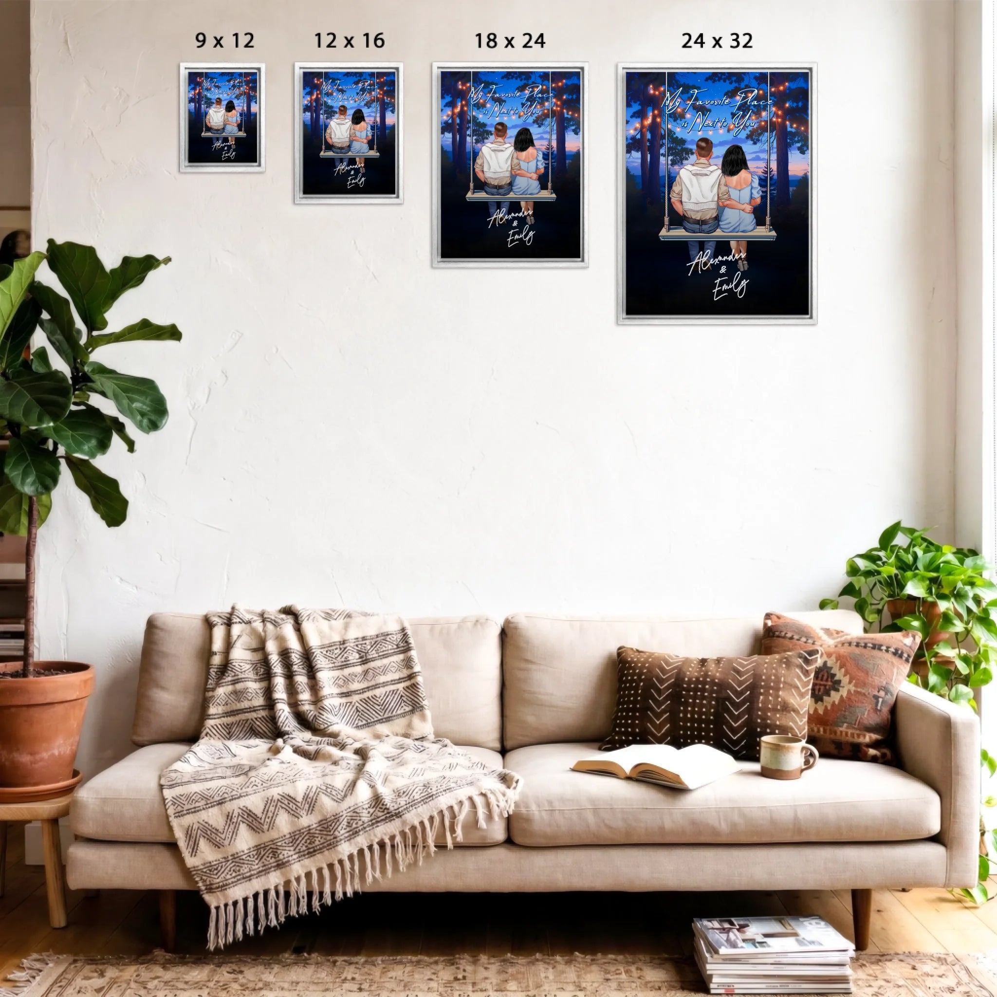 My Favorite Place personalized couple framed canvas of two people sitting together on a swing under string lights at night, with a custom romantic quote above them and handwritten names displayed below — LOVECOUPLET