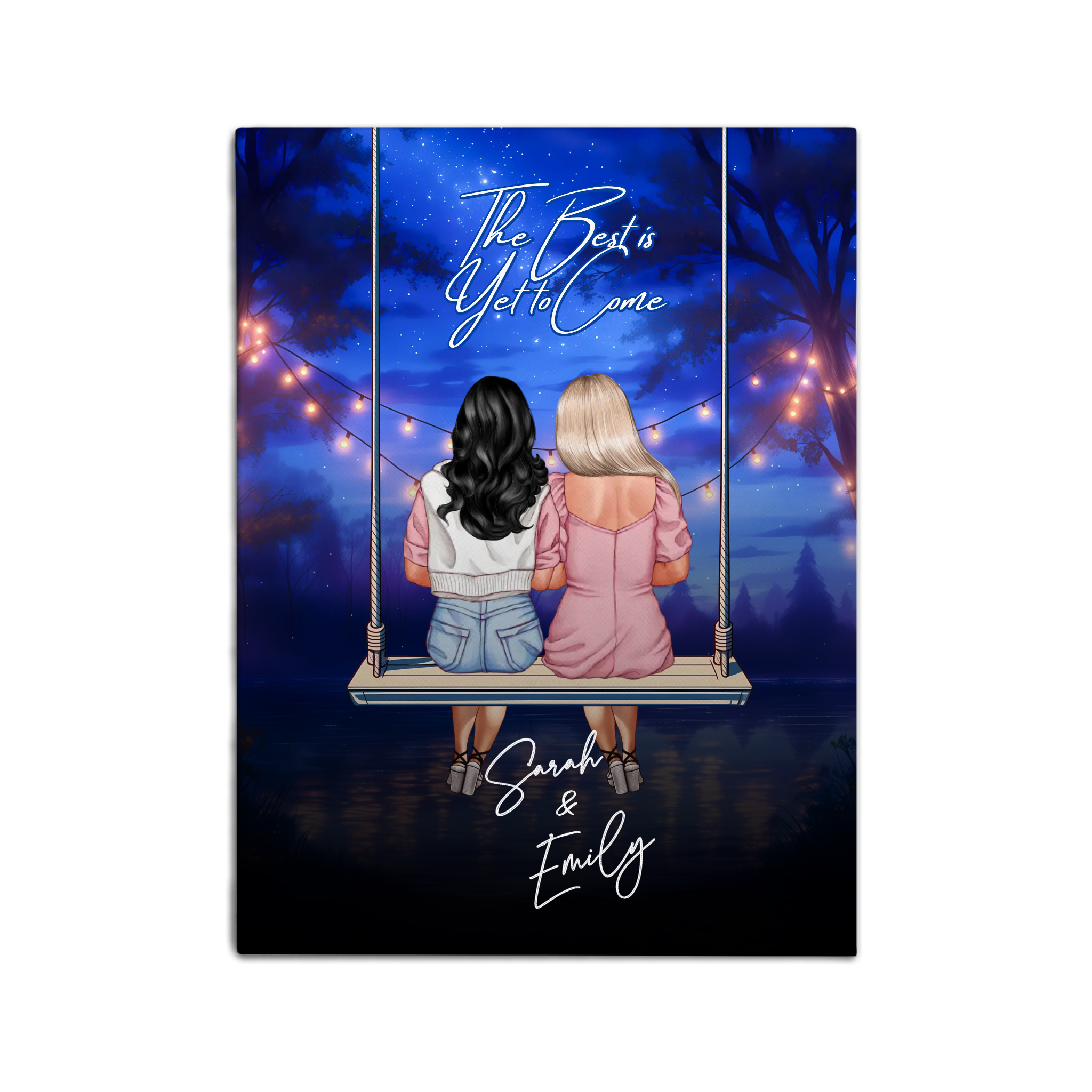 My Favorite Place personalized lesbian couple canvas of two people sitting together on a swing under string lights at night, with a custom romantic quote above them and handwritten names displayed below — LOVECOUPLET