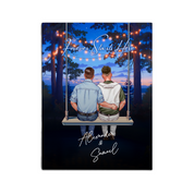 My Favorite Place personalized gay couple canvas of two people sitting together on a swing under string lights at night, with a custom romantic quote above them and handwritten names displayed below — LOVECOUPLET