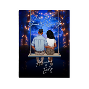 My Favorite Place personalized couple canvas of two people sitting together on a swing under string lights at night, with a custom romantic quote above them and handwritten names displayed below — LOVECOUPLET