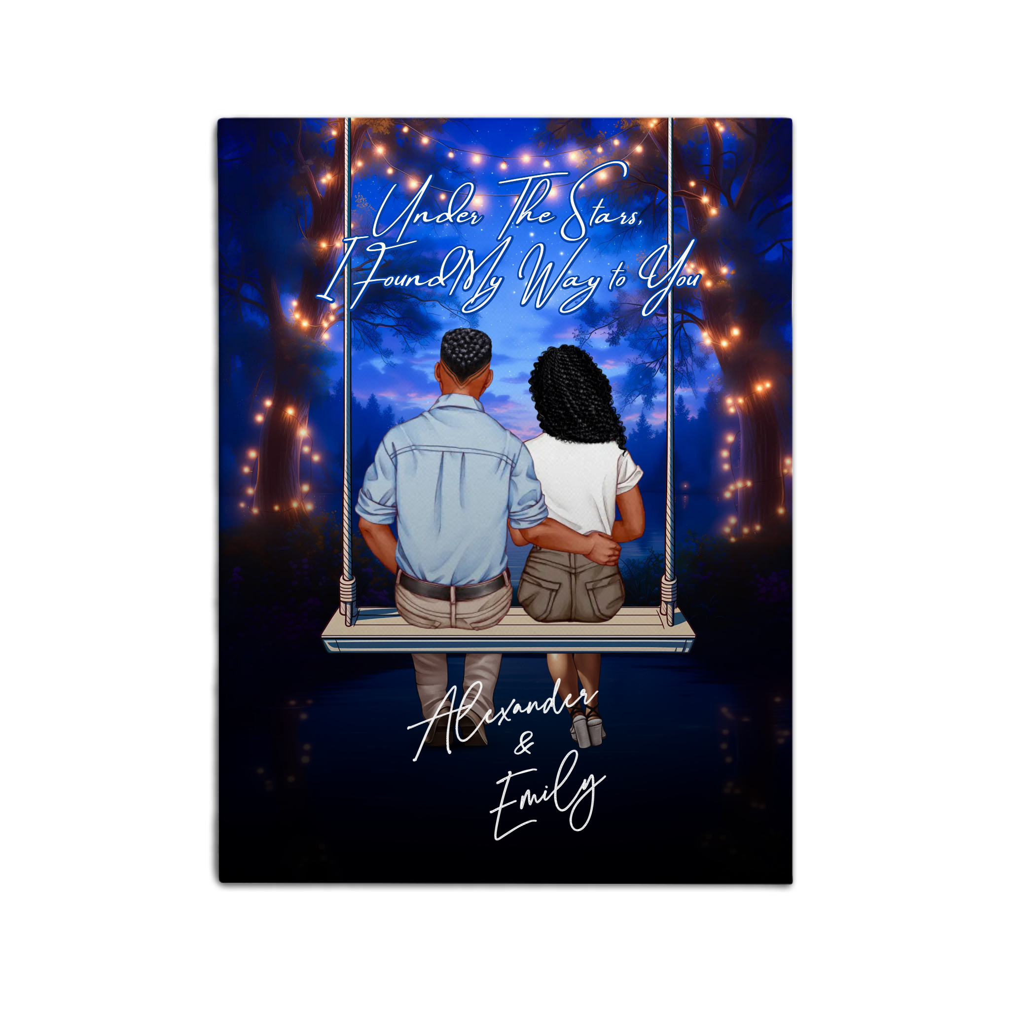 My Favorite Place personalized couple canvas of two people sitting together on a swing under string lights at night, with a custom romantic quote above them and handwritten names displayed below — LOVECOUPLET