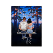 My Favorite Place personalized couple canvas of two people sitting together on a swing under string lights at night, with a custom romantic quote above them and handwritten names displayed below — LOVECOUPLET