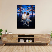 My Favorite Place personalized couple canvas of two people sitting together on a swing under string lights at night, with a custom romantic quote above them and handwritten names displayed below — LOVECOUPLET