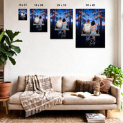 My Favorite Place personalized couple canvas of two people sitting together on a swing under string lights at night, with a custom romantic quote above them and handwritten names displayed below — LOVECOUPLET