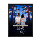 My Favorite Place personalized couple framed canvas of two people sitting together on a swing under string lights at night, with a custom romantic quote above them and handwritten names displayed below — LOVECOUPLET