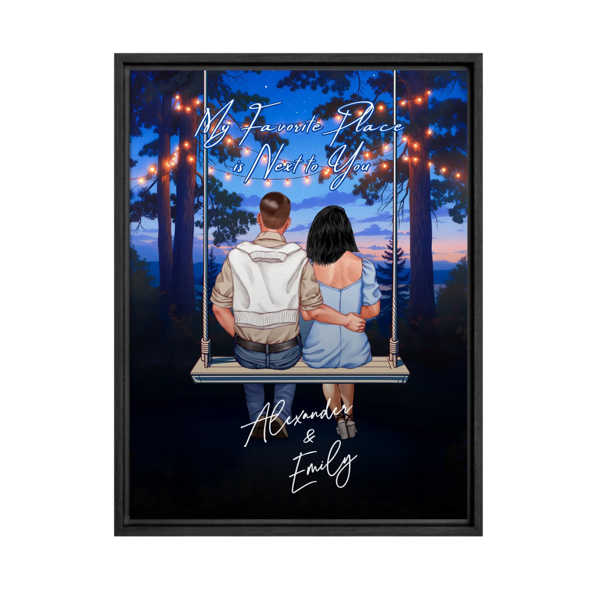 My Favorite Place personalized couple framed canvas of two people sitting together on a swing under string lights at night, with a custom romantic quote above them and handwritten names displayed below — LOVECOUPLET
